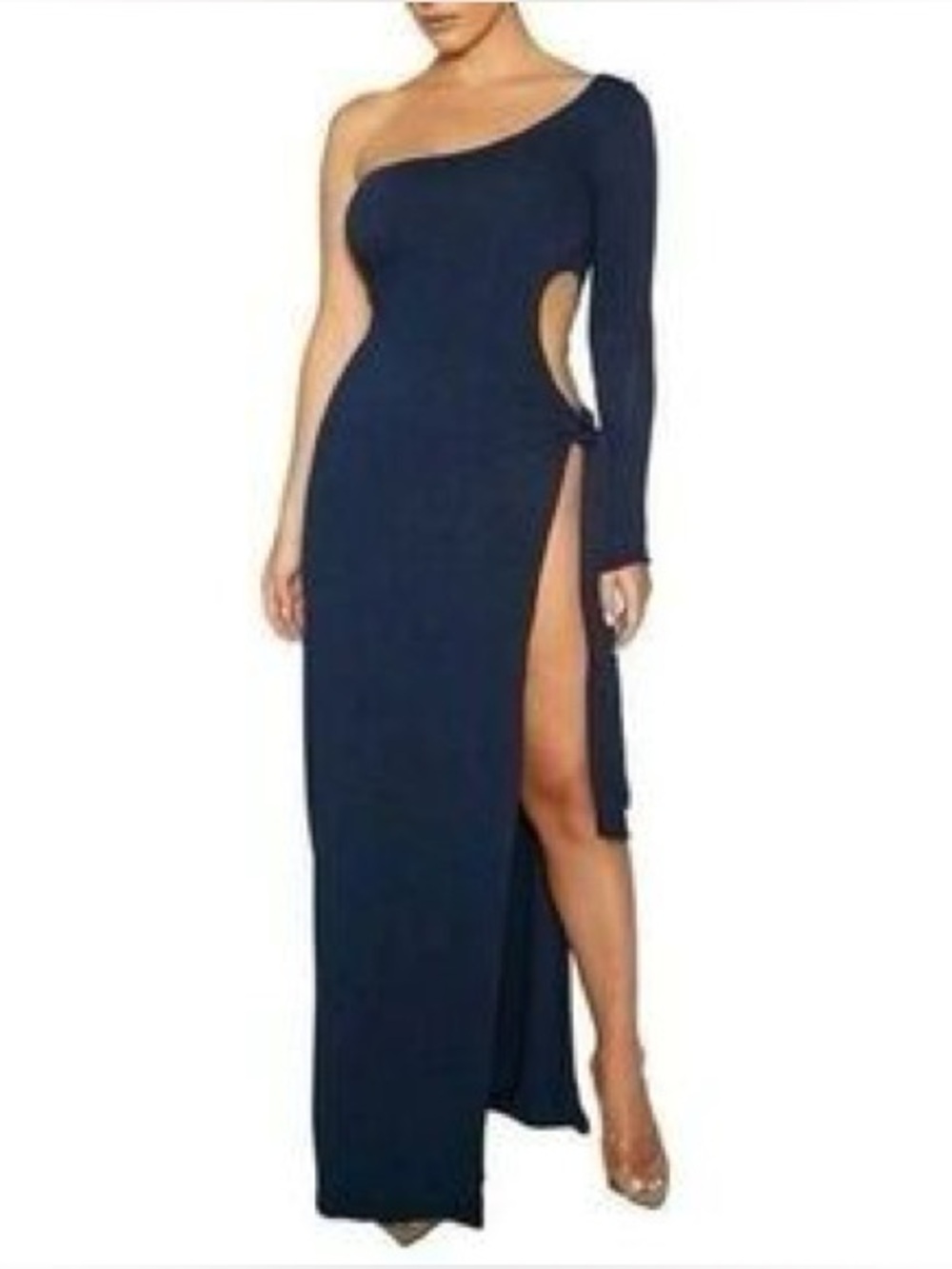 NWOT naked wardrobe navy one shoulder wrap slit maxi dress small